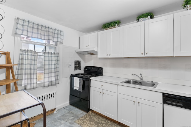 kitchen featuring sink, black range with electric cooktop, white dishwasher, decorative backsplash, and white cabinets