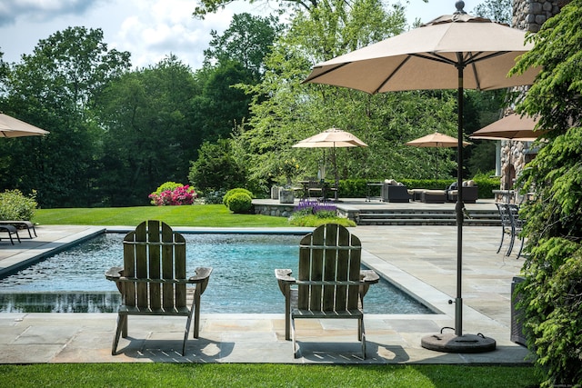 view of swimming pool featuring a patio, a water view, and a yard