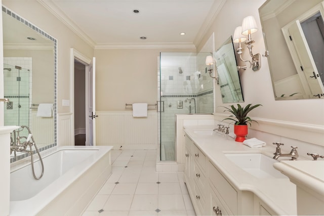 bathroom featuring vanity, tile patterned flooring, ornamental molding, and plus walk in shower