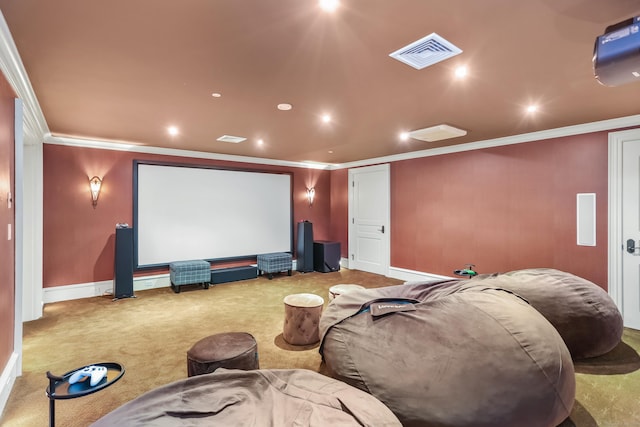 cinema room with crown molding and light colored carpet