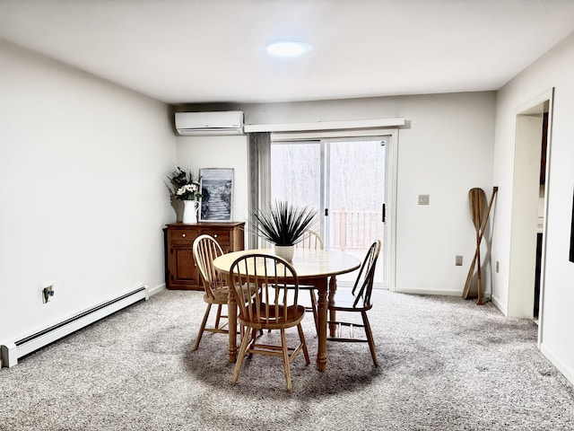 dining room with a wall mounted air conditioner, carpet, and a baseboard heating unit