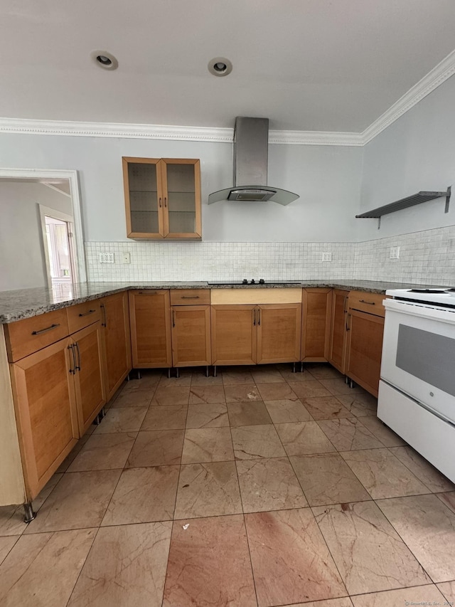 kitchen featuring wall chimney range hood, white electric stove, ornamental molding, tasteful backsplash, and light stone counters