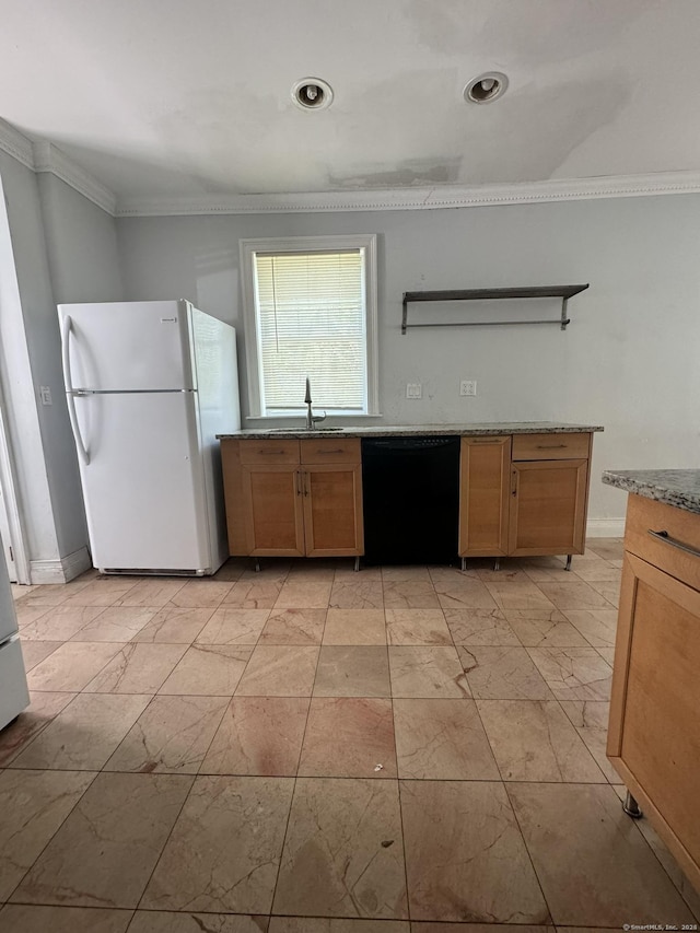 kitchen featuring crown molding, dishwasher, white fridge, and sink