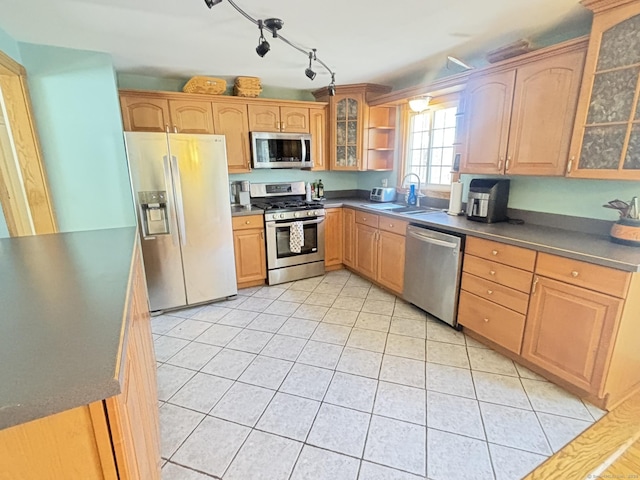 kitchen with light tile patterned flooring, sink, stainless steel appliances, and track lighting