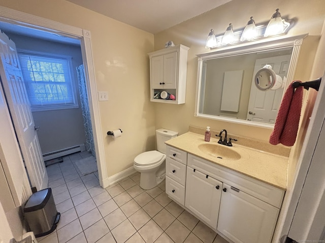 bathroom featuring baseboard heating, tile patterned flooring, vanity, and toilet