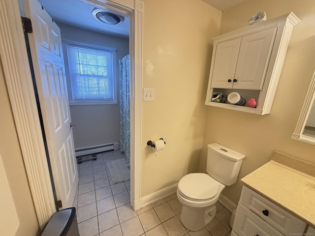 bathroom featuring tile patterned flooring, vanity, toilet, and baseboard heating