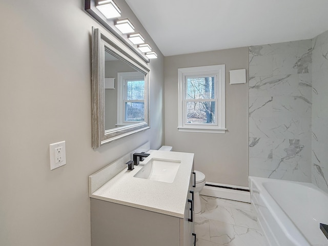 bathroom with toilet, vanity, and a baseboard heating unit