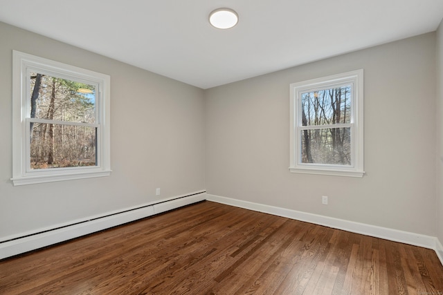 unfurnished room featuring wood-type flooring and a baseboard radiator