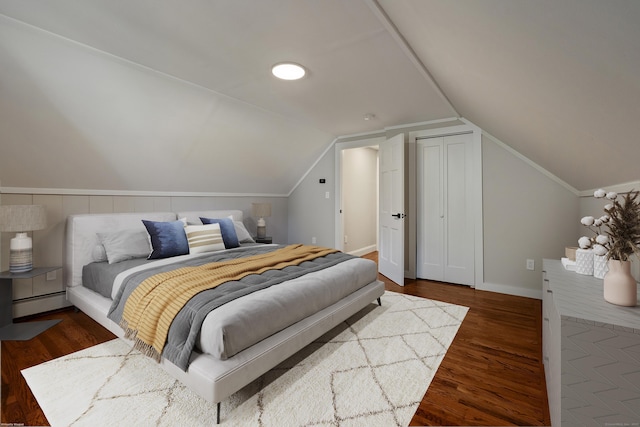 bedroom featuring lofted ceiling, a baseboard radiator, and dark hardwood / wood-style floors