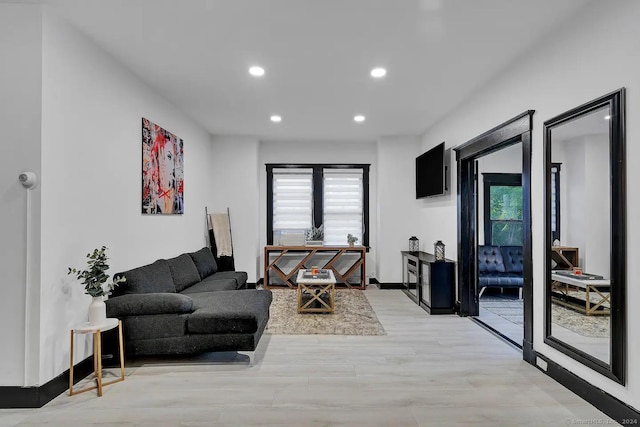 living room with light hardwood / wood-style flooring and a wealth of natural light