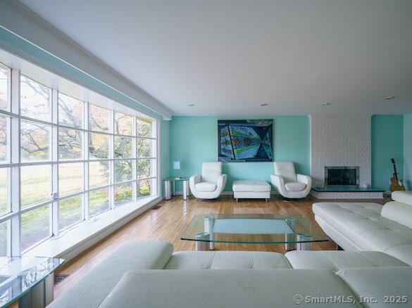 living room featuring hardwood / wood-style flooring and a fireplace