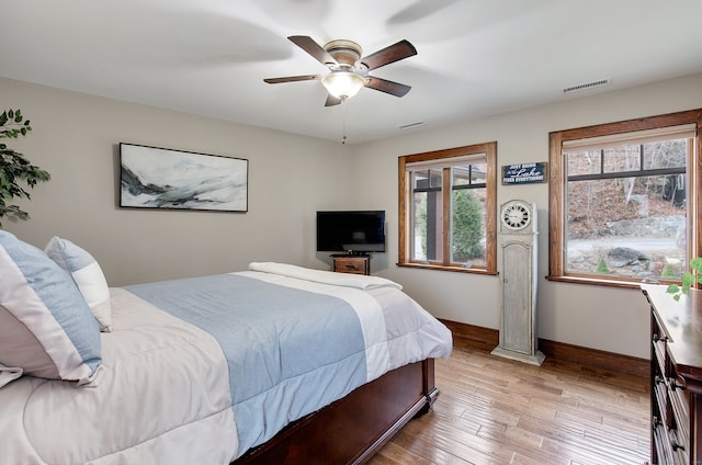 bedroom featuring ceiling fan and light wood-type flooring