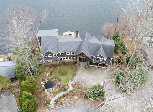 drone / aerial view with a water view