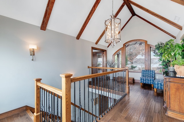 hallway with dark wood-type flooring, beamed ceiling, a chandelier, and high vaulted ceiling