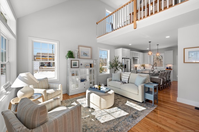 living room featuring high vaulted ceiling and light hardwood / wood-style floors