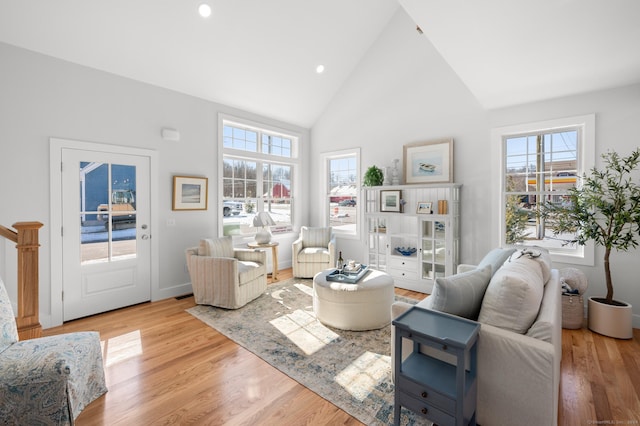 living room with light hardwood / wood-style flooring and high vaulted ceiling