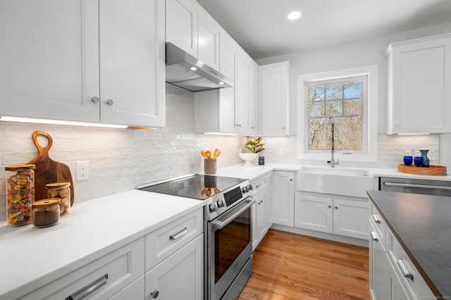 kitchen with ventilation hood, stainless steel appliances, sink, white cabinets, and light hardwood / wood-style floors