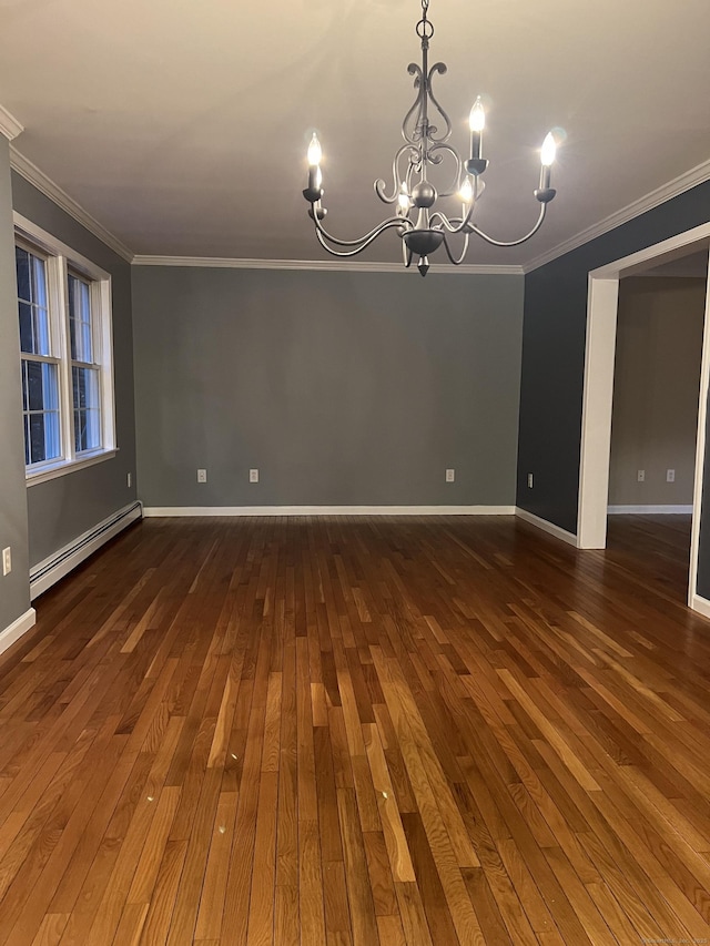 unfurnished room featuring a chandelier, crown molding, a baseboard radiator, and dark hardwood / wood-style floors