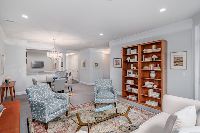 carpeted living room with a notable chandelier and crown molding