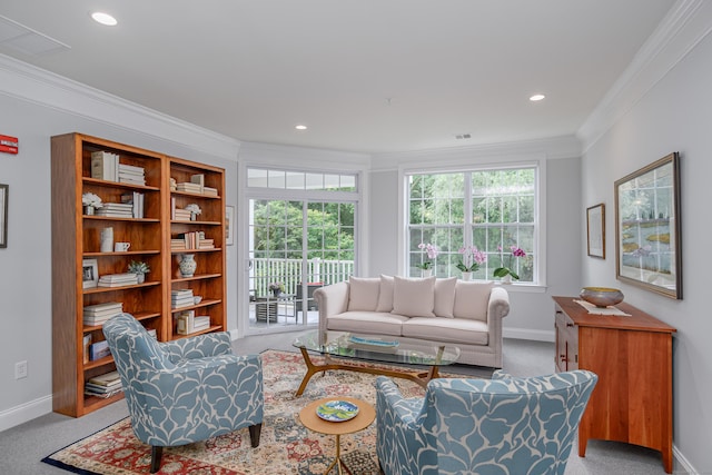 carpeted living room featuring a healthy amount of sunlight and ornamental molding