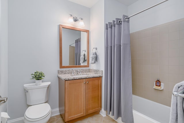 full bathroom with tile patterned flooring, vanity, toilet, and shower / bathtub combination with curtain