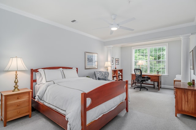 bedroom featuring ceiling fan, ornamental molding, light carpet, and ornate columns