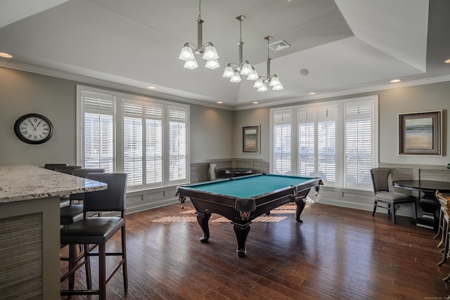 playroom featuring a tray ceiling, dark wood-type flooring, ornamental molding, and pool table