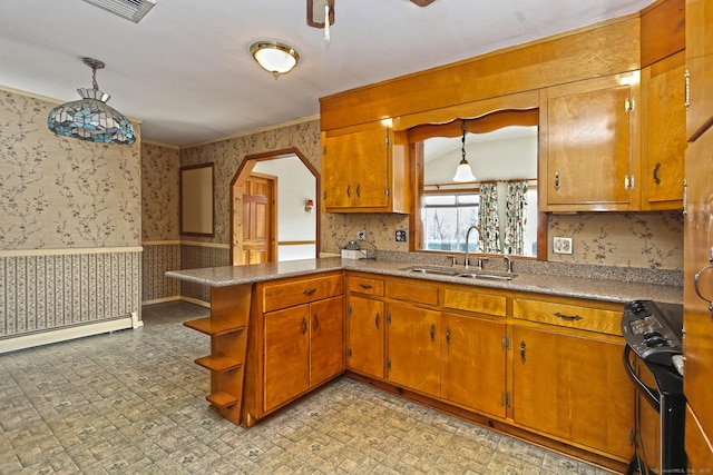 kitchen with kitchen peninsula, sink, pendant lighting, a baseboard radiator, and black electric range oven