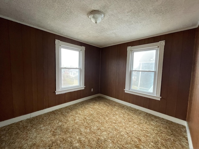 carpeted empty room with a textured ceiling and wood walls