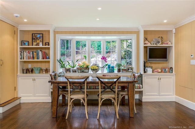 dining area featuring breakfast area, dark wood-type flooring, and built in features