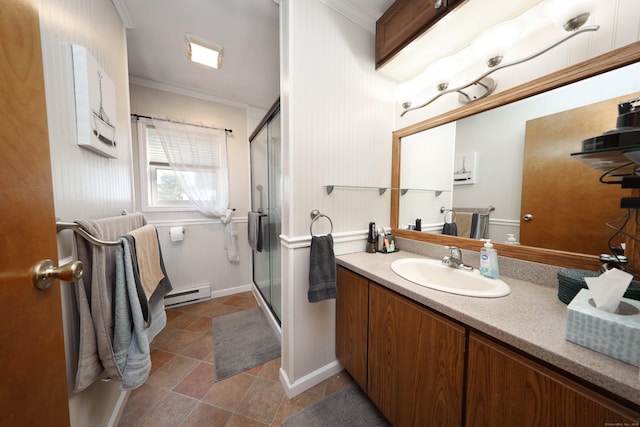 bathroom with vanity, ornamental molding, walk in shower, and a baseboard heating unit