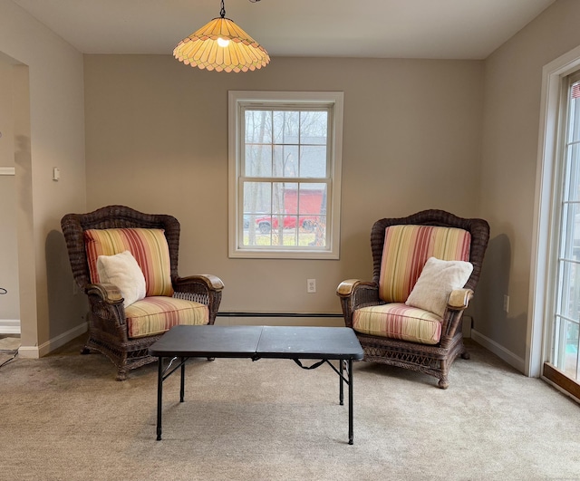 living area featuring carpet and a baseboard heating unit