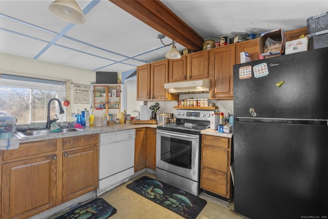 kitchen featuring stainless steel range with electric stovetop, dishwasher, black fridge, and sink