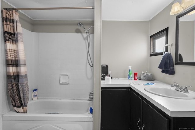 bathroom with vanity and shower / bathtub combination with curtain