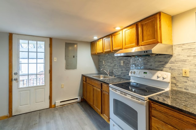 kitchen featuring backsplash, a baseboard heating unit, sink, electric panel, and white range with electric cooktop