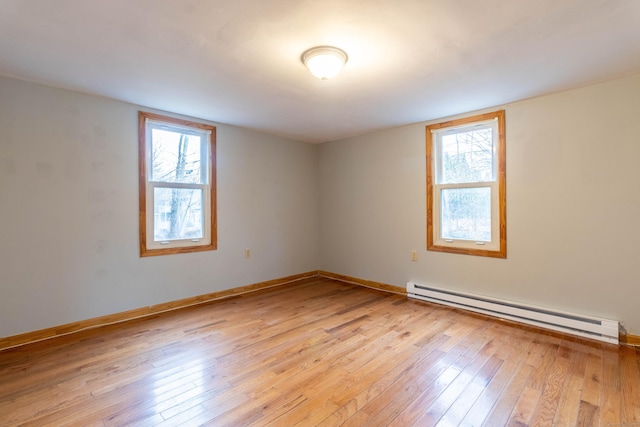 spare room featuring light hardwood / wood-style floors and a baseboard radiator