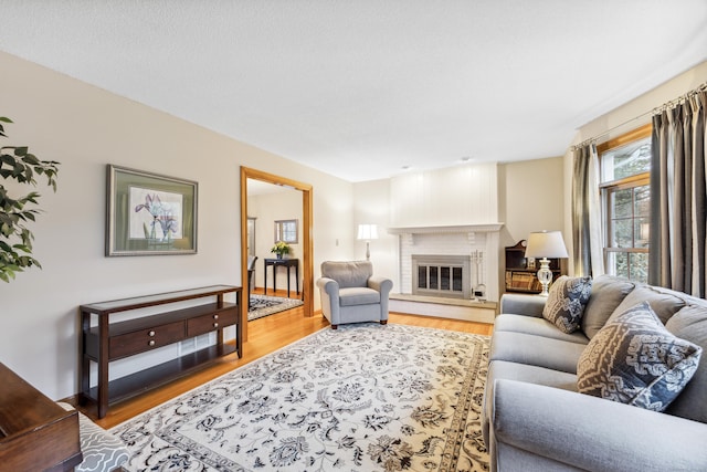 living room featuring a fireplace and hardwood / wood-style floors