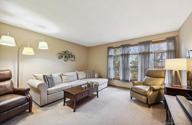 living room with light colored carpet