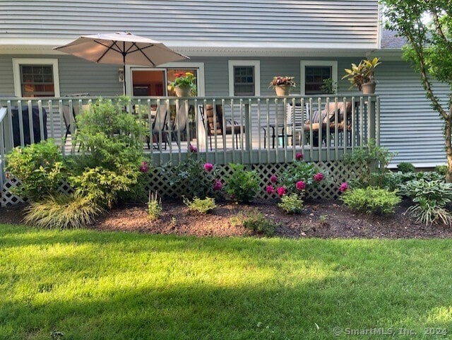 back of house featuring a deck and a lawn