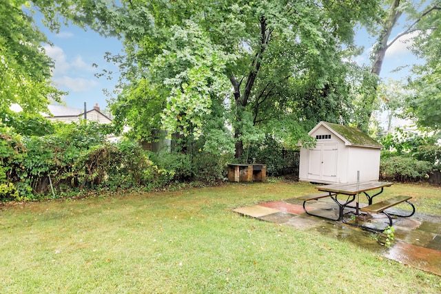 view of yard featuring a storage shed