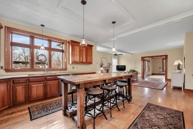 kitchen with dishwasher, sink, ceiling fan, and pendant lighting