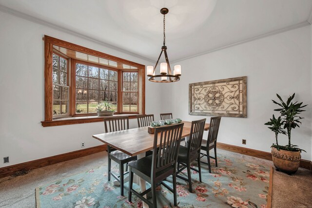 dining room featuring a chandelier, carpet floors, and ornamental molding