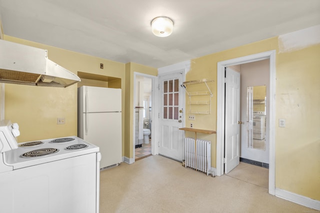 kitchen featuring radiator heating unit, white appliances, and ventilation hood