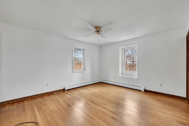 empty room featuring ceiling fan, light hardwood / wood-style floors, and a baseboard radiator