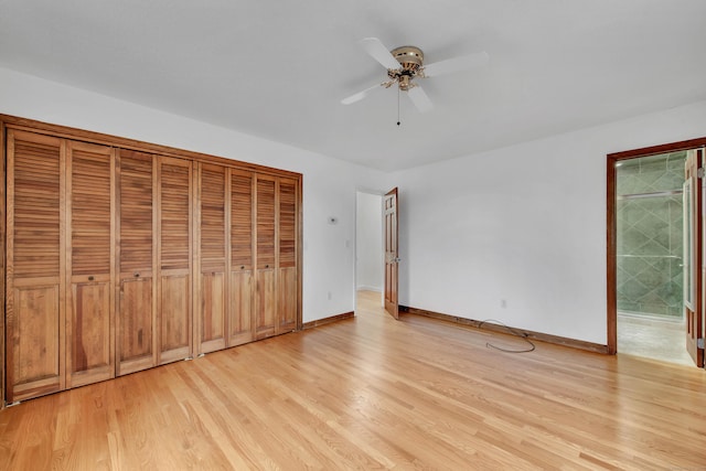 unfurnished bedroom with ceiling fan and light hardwood / wood-style flooring