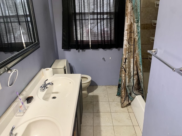 full bathroom with toilet, shower / bath combination with curtain, vanity, and tile patterned floors