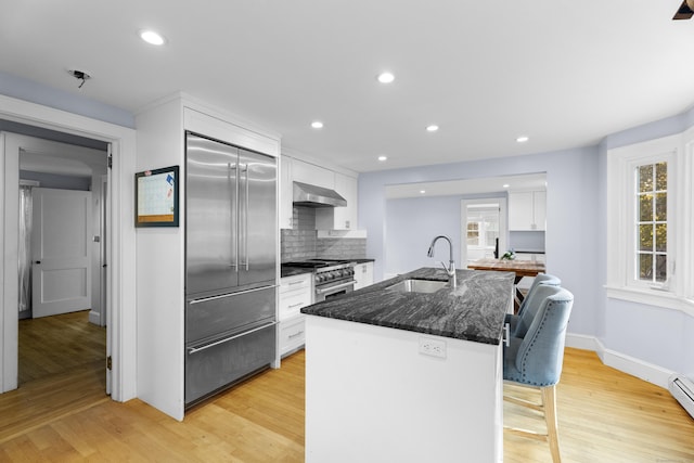 kitchen featuring sink, premium appliances, ventilation hood, a center island with sink, and white cabinets