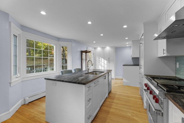 kitchen with ventilation hood, high end stainless steel range oven, baseboard heating, sink, and white cabinets