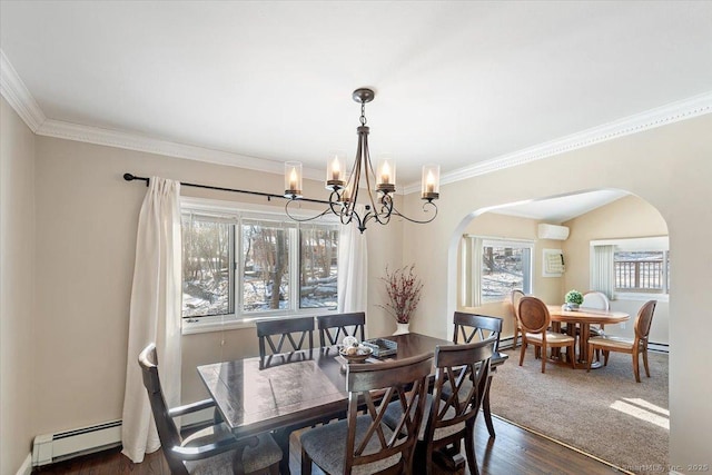 dining space with an inviting chandelier, crown molding, dark wood-type flooring, and a baseboard radiator