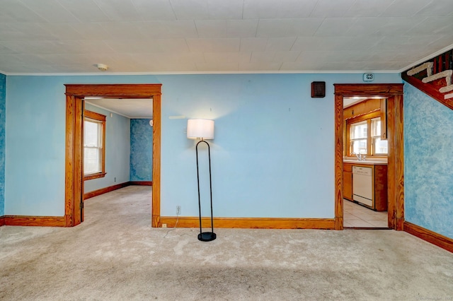 carpeted spare room with crown molding